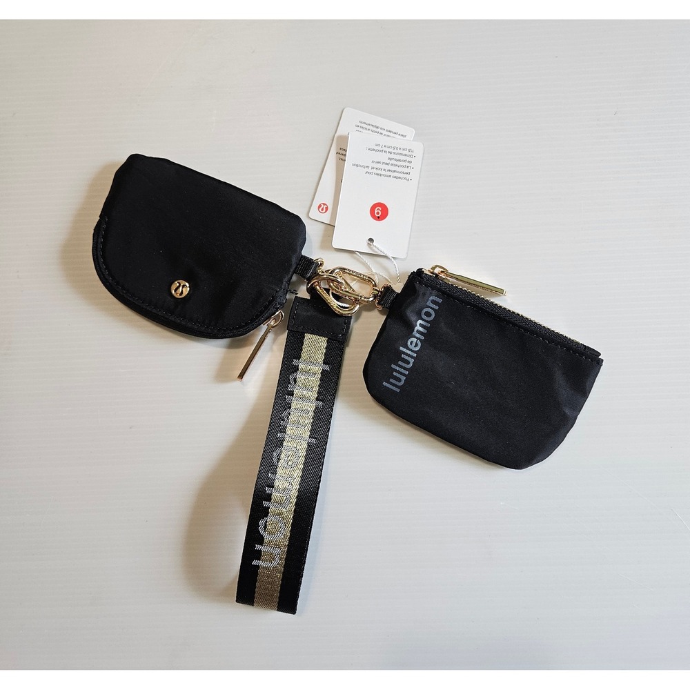 Lululemon Dual Pouch Wristlet Black Gold Logo Zip Wallet New‎ with Tags
